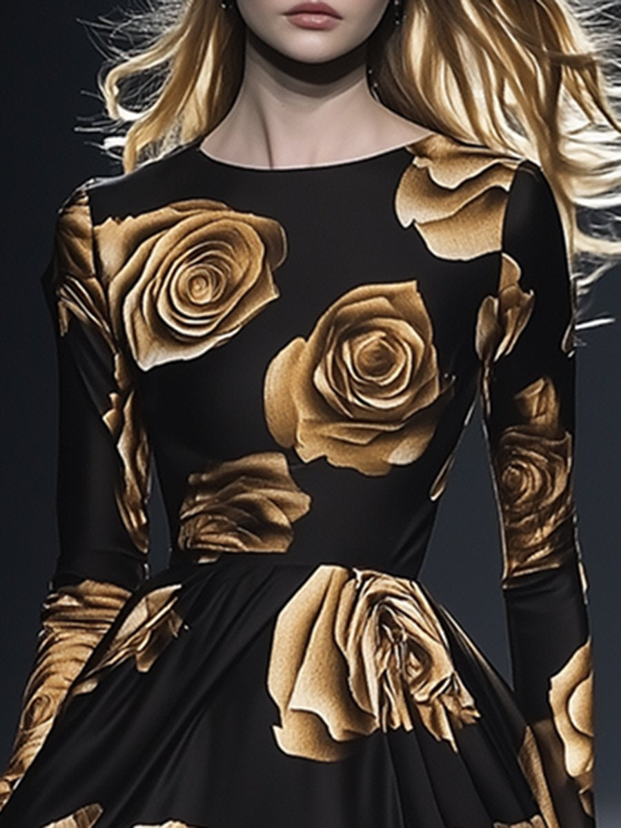 Exquisite Elegant Romantic Golden Rose Print Chiffon Maxi Dress