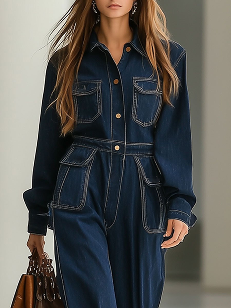 Casual Loose Retro Navy Blue Denim Multi-Pocket Long-Sleeved Jumpsuit