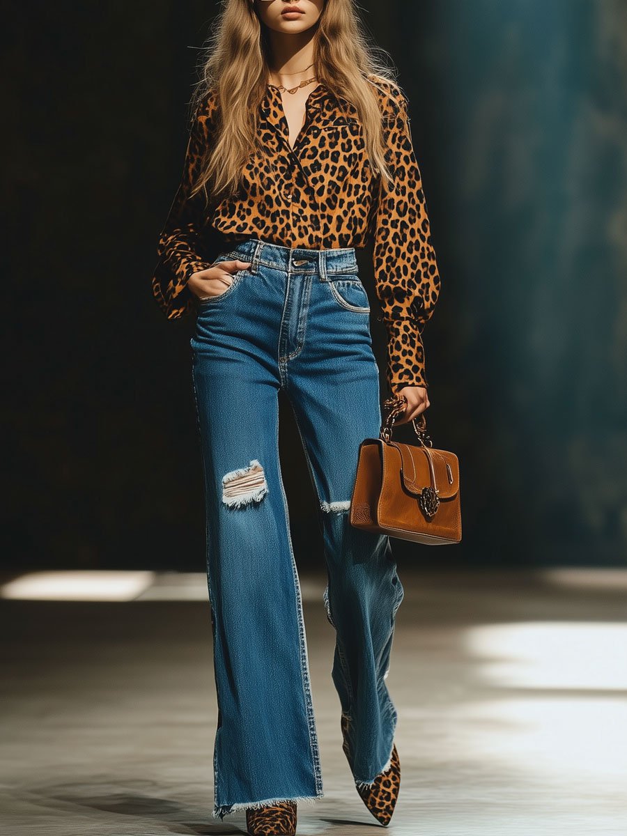 【24-hour shipping】Casual Loose Vintage Velvet Leopard Print Long Sleeve Blouse