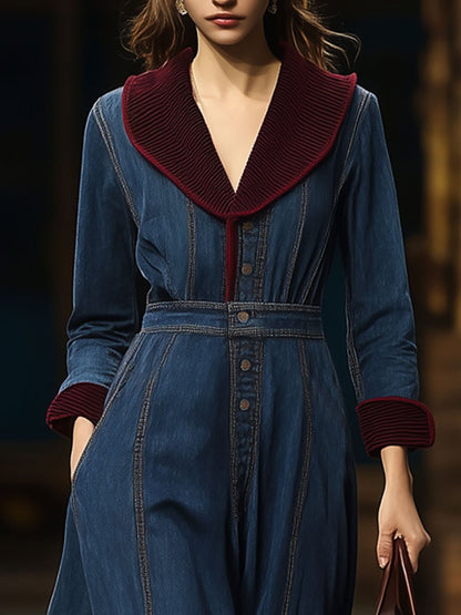 Fashion Retro Denim Patchwork Corduroy Long-Sleeved Maxi Dress