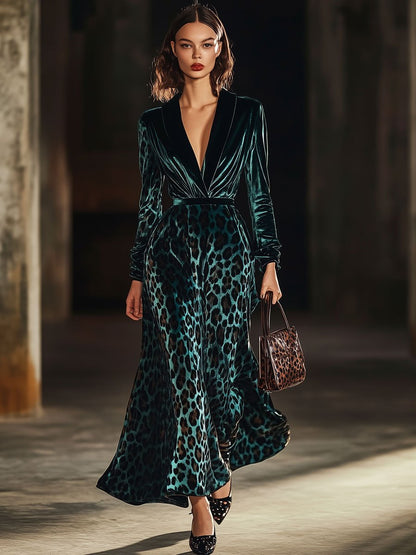 Casual Retro Lapel Long Sleeve Velvet Leopard Print Trench Coat Maxi Dress