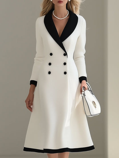 High-End And Elegant Black Lapel White Woolen Midi Dress