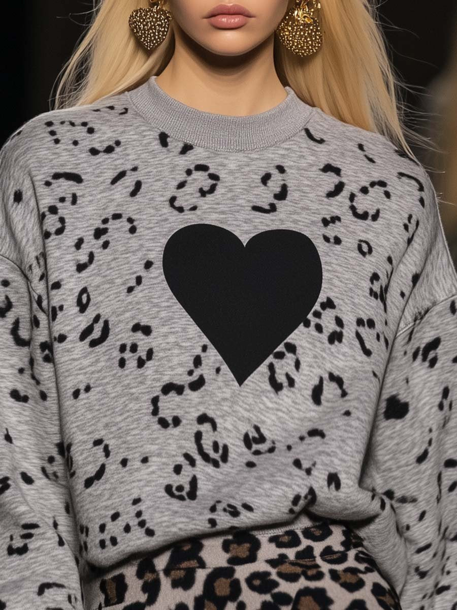 Fashionable Round Neck Heart Leopard Print Grey Sweatshirt