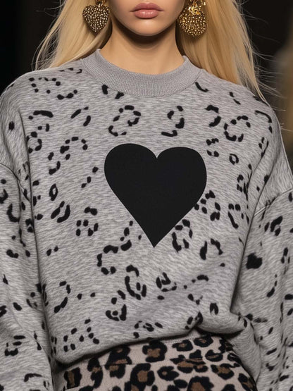 Fashionable Round Neck Heart Leopard Print Grey Sweatshirt