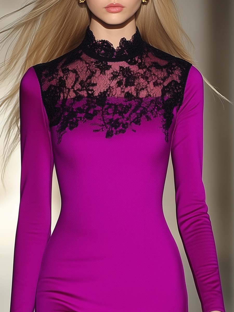 Elegant Half-high Collar Lace Stitching Magenta Mini Dress