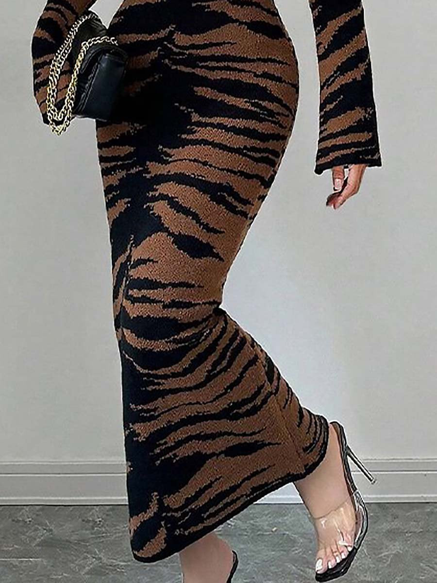 High-End And Fashionable Slim Fit Zebra-Print Suede Dress