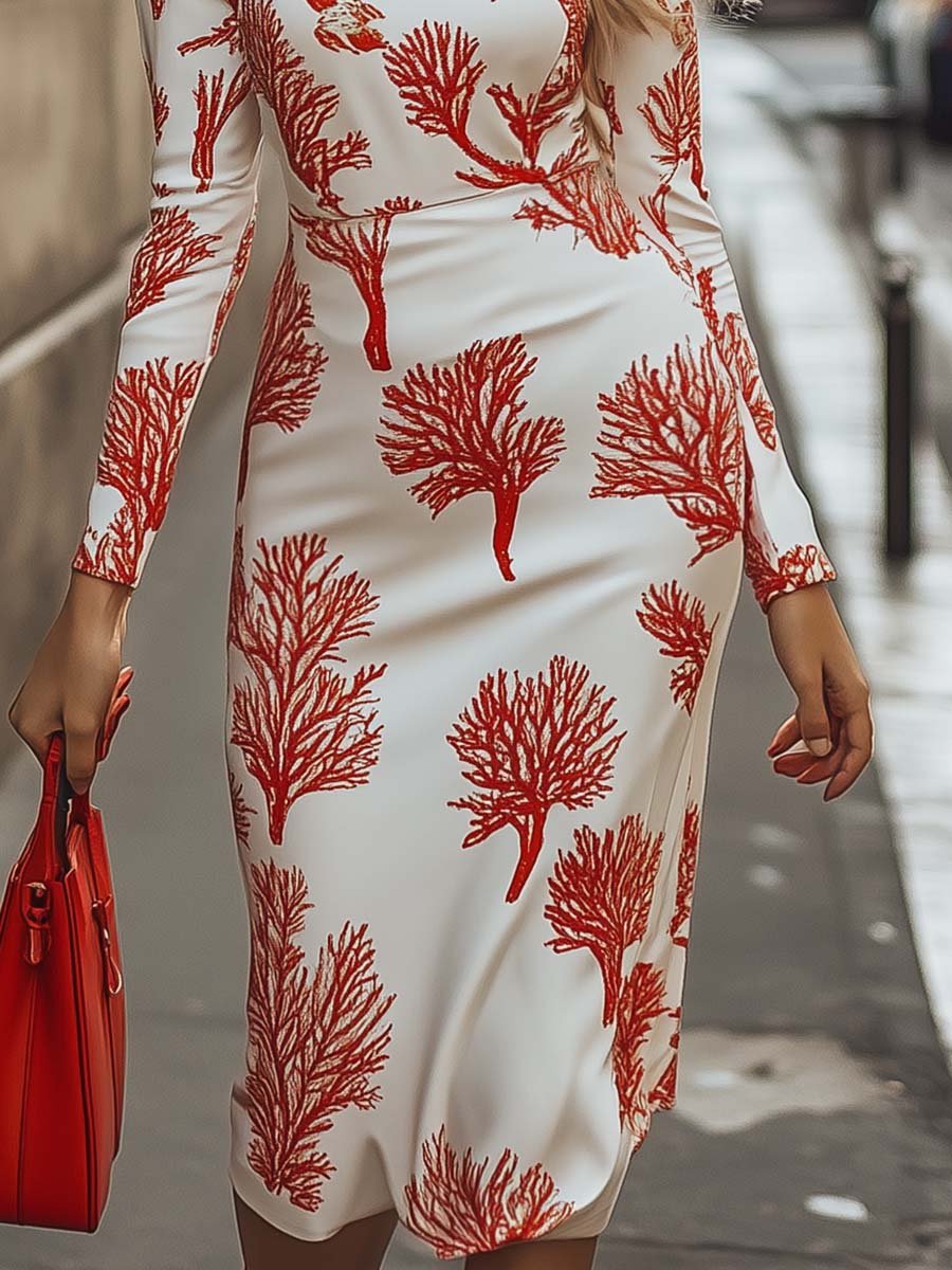 Elegant Half Turtleneck Slim Fit White Satin Coral Print Midi Dress