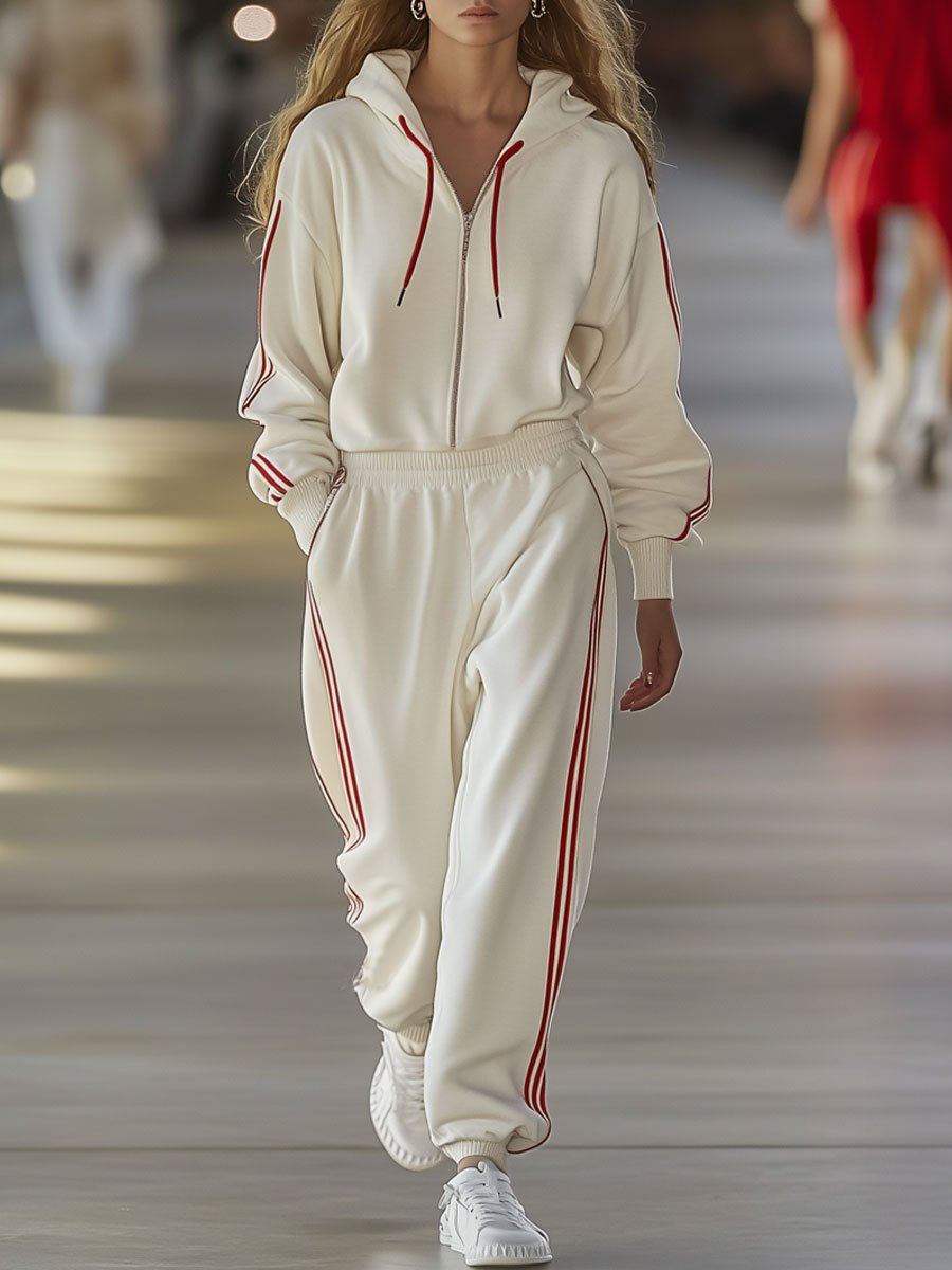 Loose Casual Red Striped Off-White Zipper Hooded Sports Jumpsuit