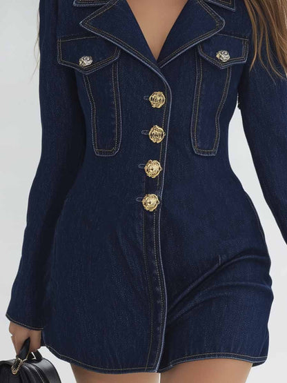 Elegant Slim Fit V-neck Single-breasted Dark Blue Denim Mini Dress