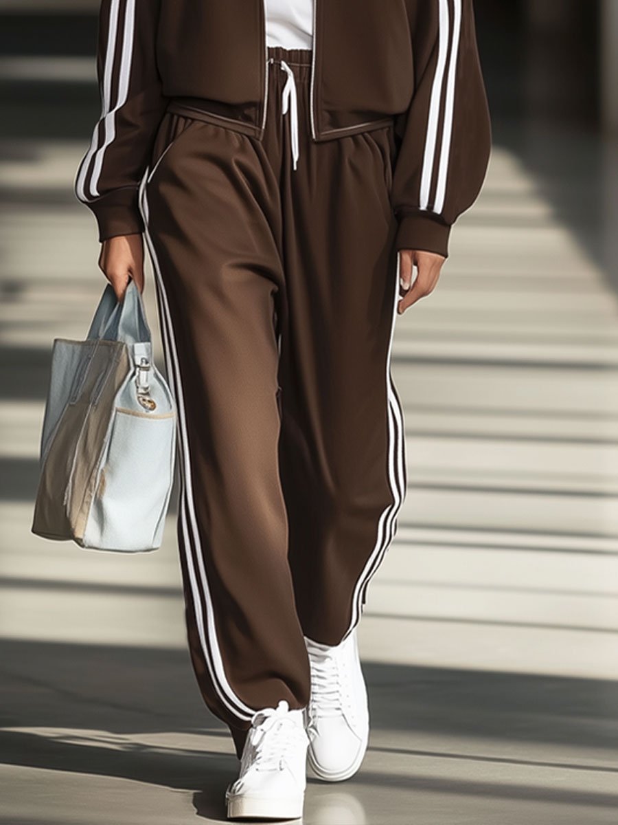 Casual Loose Retro Chocolate Striped Zipper Sports Sweatshirt Set