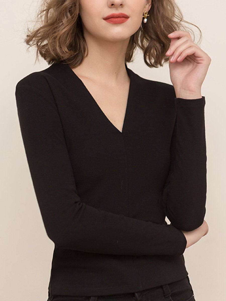 Fashionable And Simple V-Neck Long-Sleeved Thin Velvet Solid Color Bottoming Shirt