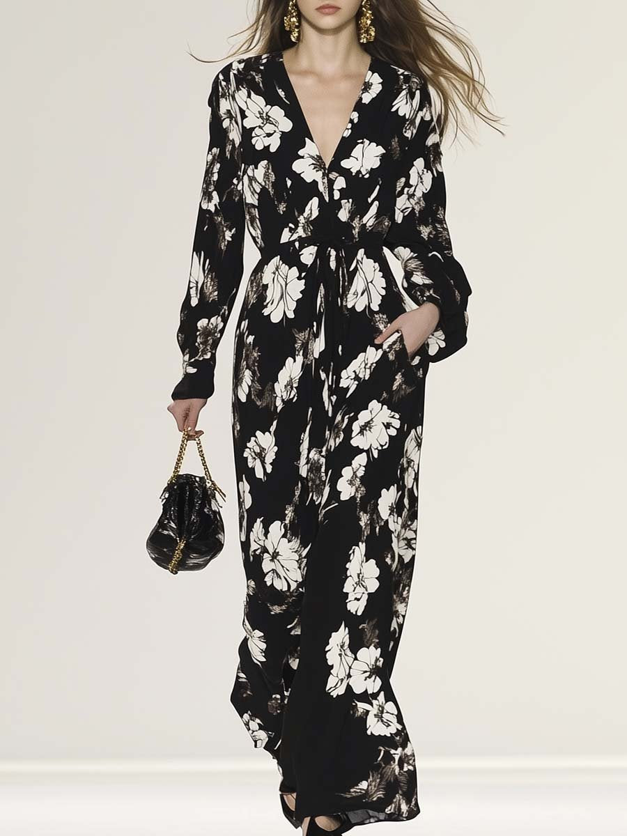 Elegant and Comfortable V-neck Black and White Flower Pattern Jumpsuit