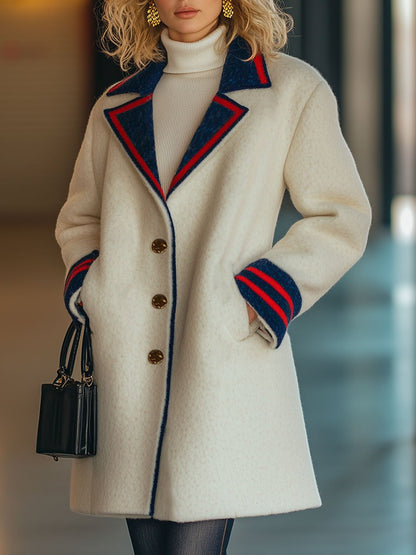 Casual Loose Retro Red And Blue Striped Woolen Single-Breasted Coat