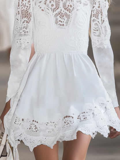 High-End Lace White Long-Sleeved Mini Dress