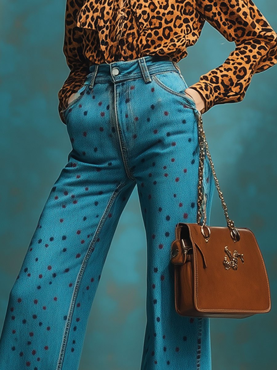 Casual Loose Retro Colorful Polka Dot Print Jeans