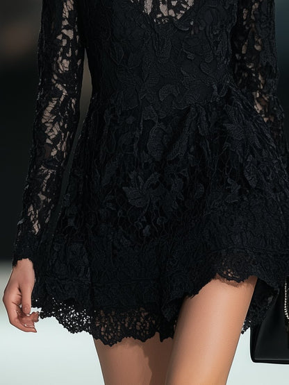 Classic Lace Black Long Sleeve Mini Dress