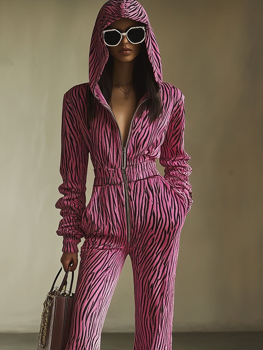 Casual Loose Vintage Velvet Zebra Print Zipper Hooded Jumpsuit