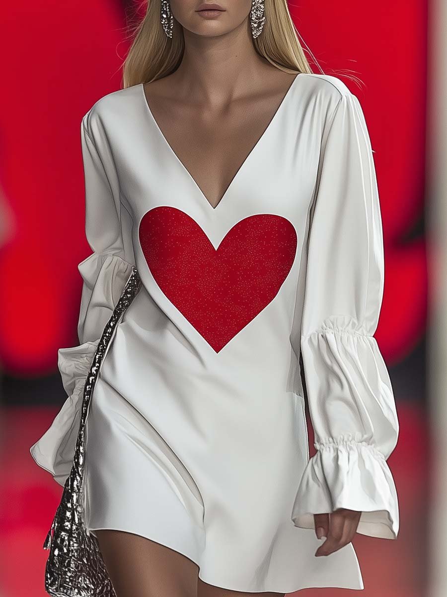 Fashion Casual Round Neck Heart Print Loose White Mini Dress