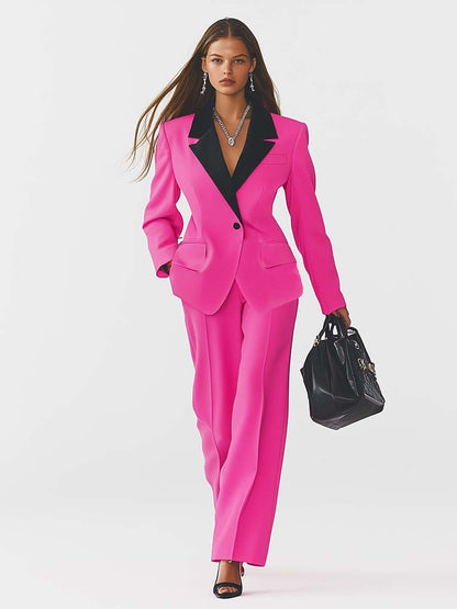 Elegant Party Black Contrast Collar Bright Pink Suit