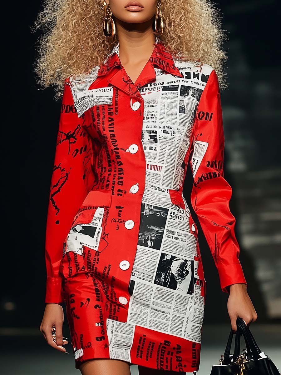 Elegant Personalized Newspaper Print Red Slim Shirt Style Mini Dress