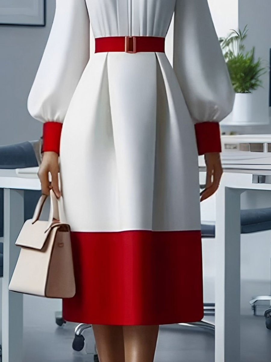 Versatile Commuting Red And White Hollow Long-Sleeved Midi Dress