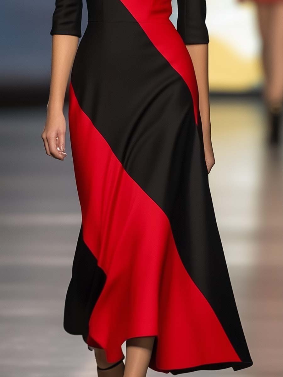 Fashion Personality Off-shoulder Black and Red Contrast Maxi Dress