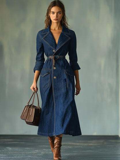 Casual Retro Lapel Tie Pocket Mid-Length Denim Trench Coat