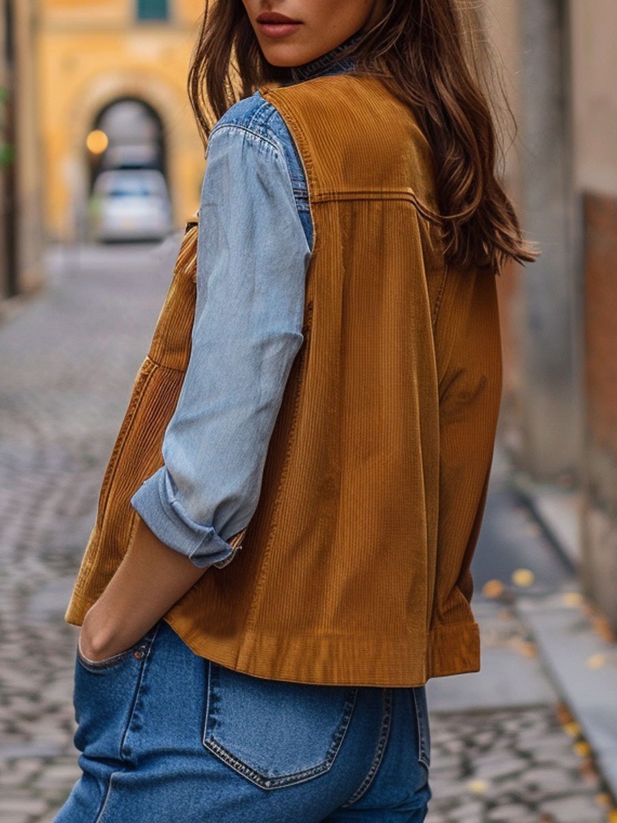 Casual Loose Vintage Corduroy Pocket V-Neck Vest