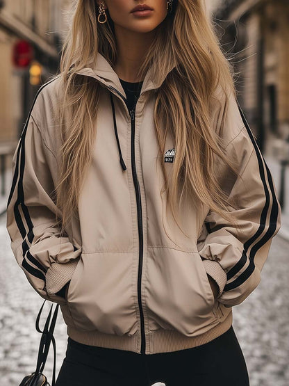 Casual and Comfortable Hooded Black Edge Beige Jacket