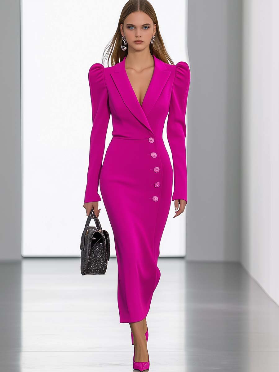 Elegant and Fashionable V-neck Puff Sleeve Bright Pink Slim Fit Midi Dress