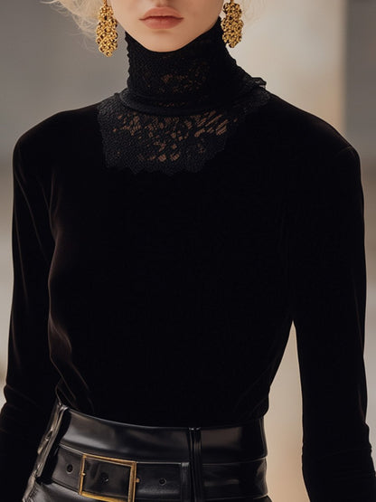 Chic and Elegant High-neck Lace Stitching Black Velvet Bottoming Shirt