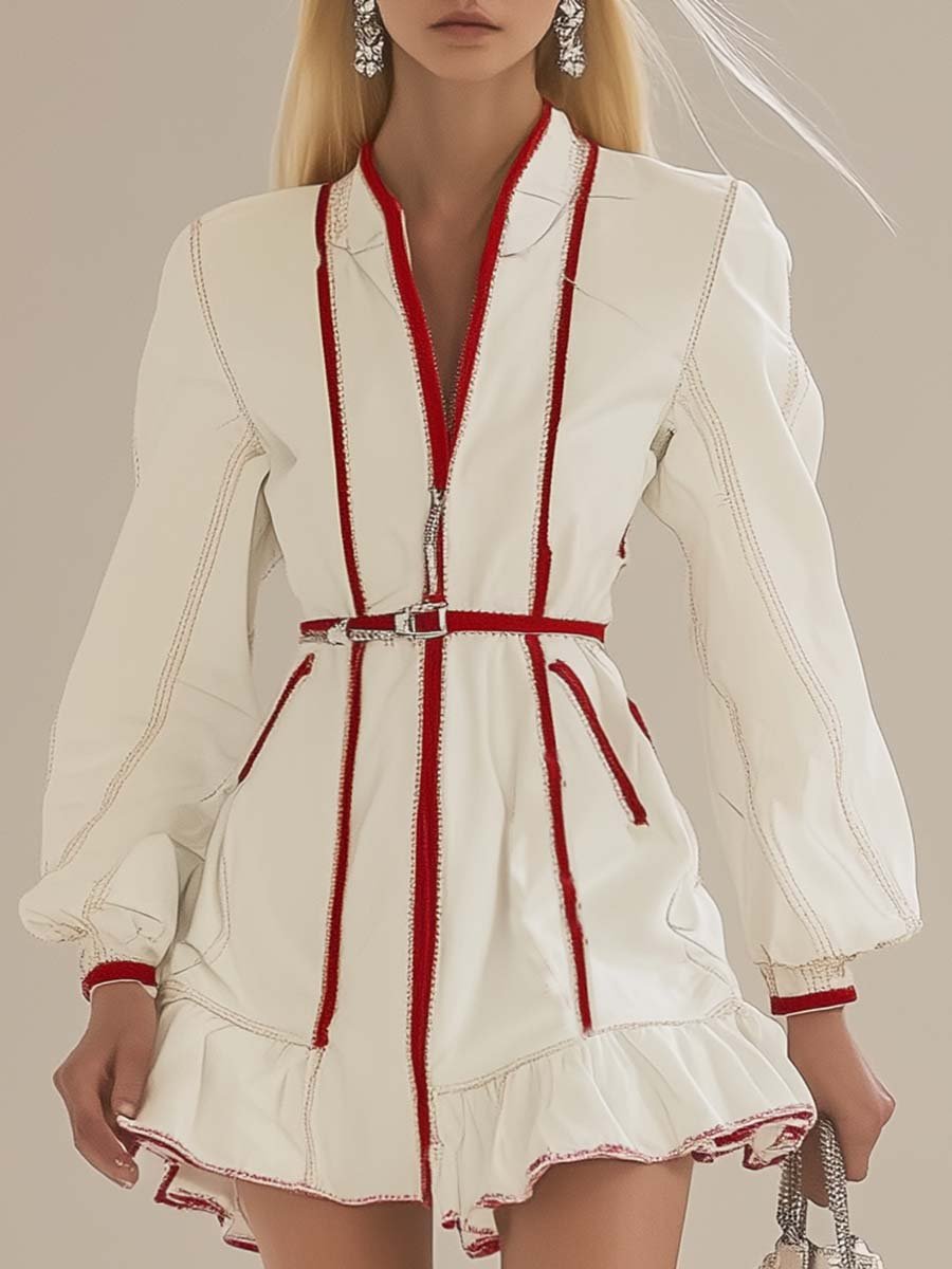 Fashion Front Zipper with Red Trim Off-white Denim Mini Dress