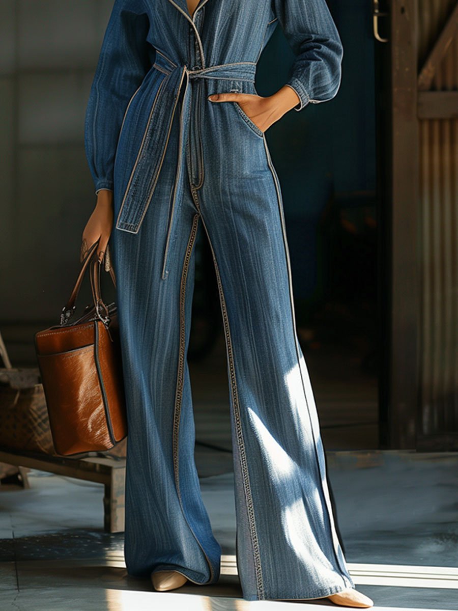 Casual Loose Retro Lace-up Lapel Long Sleeve Denim Jumpsuit