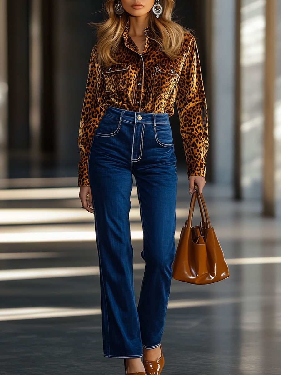 Casual Loose Vintage Velvet Leopard Pocket Long Sleeve Blouse