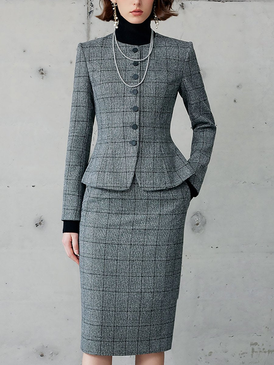 Retro Exquisite Elegant Plaid Pencil Skirt Suit