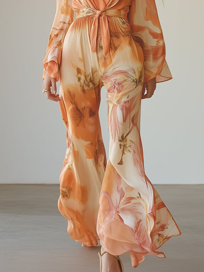 Elegant and Charming Off The Shoulder Light Orange Chiffon Print Long-sleeved Jumpsuit