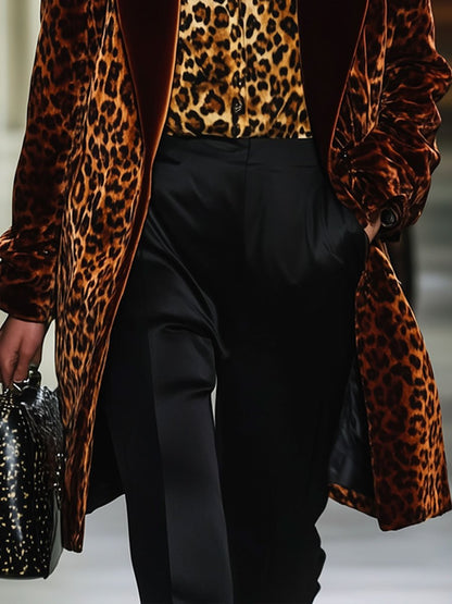 Casual Loose Retro Velvet Leopard Print Colorblock Lapel Suit Coat