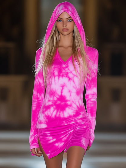 Casual And Fashionable Slim Fit Split Tie-Dye Hooded Mini Dress