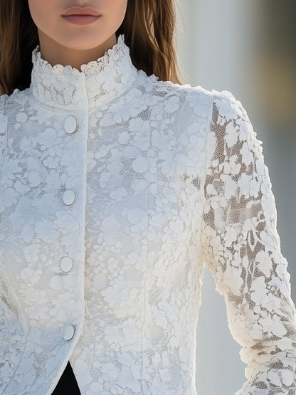 Elegant and Capable Stand-up Collar Short White Lace Jacket