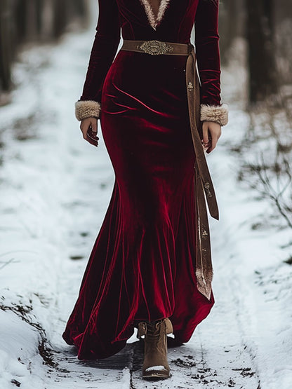 Fashion Retro Wine Red Velvet V-Neck Raw Edge Long Sleeve Fishtail Maxi Dress