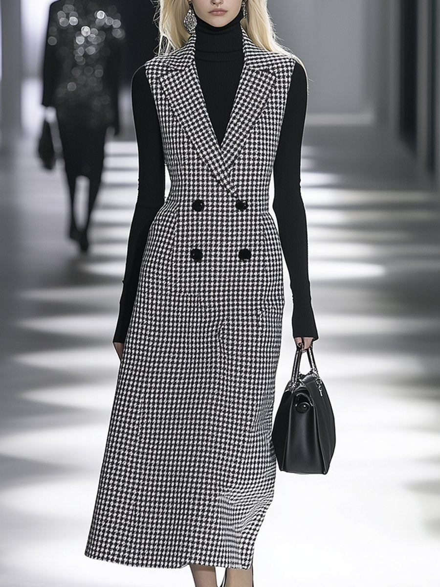 High-End And Fashionable Double-Breasted Houndstooth Vest Maxi Dress