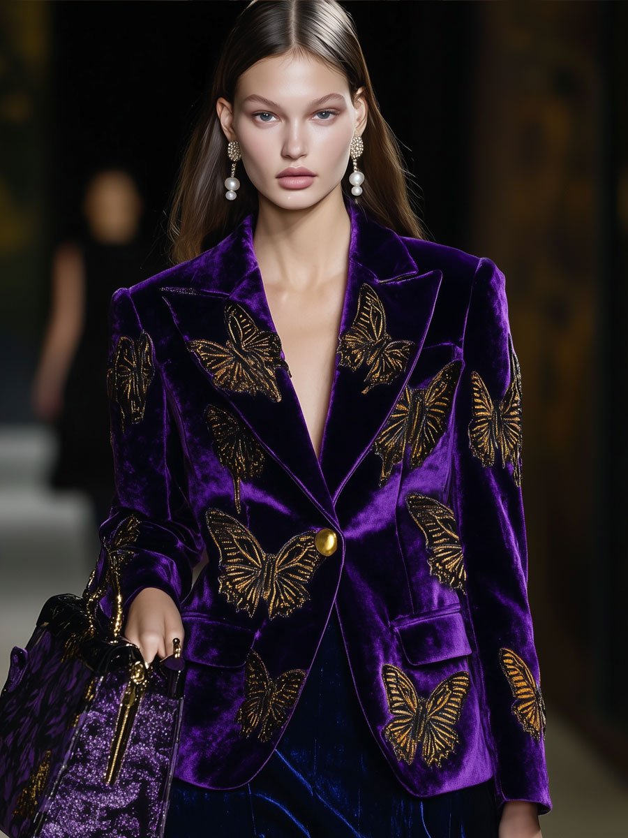 Casual Loose Retro Purple Velvet Gold Butterfly Print Blazer