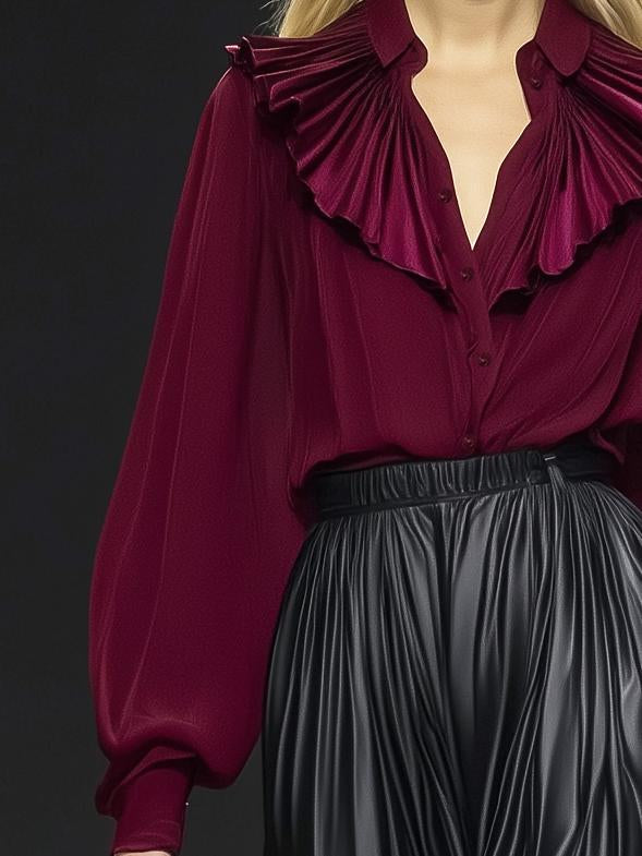 Elegant Lapel Ruffled Neckline Burgundy Chiffon Long-Sleeved Shirt