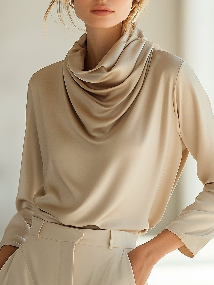 Elegant Champagne Gold Pile Collar Top Blouse