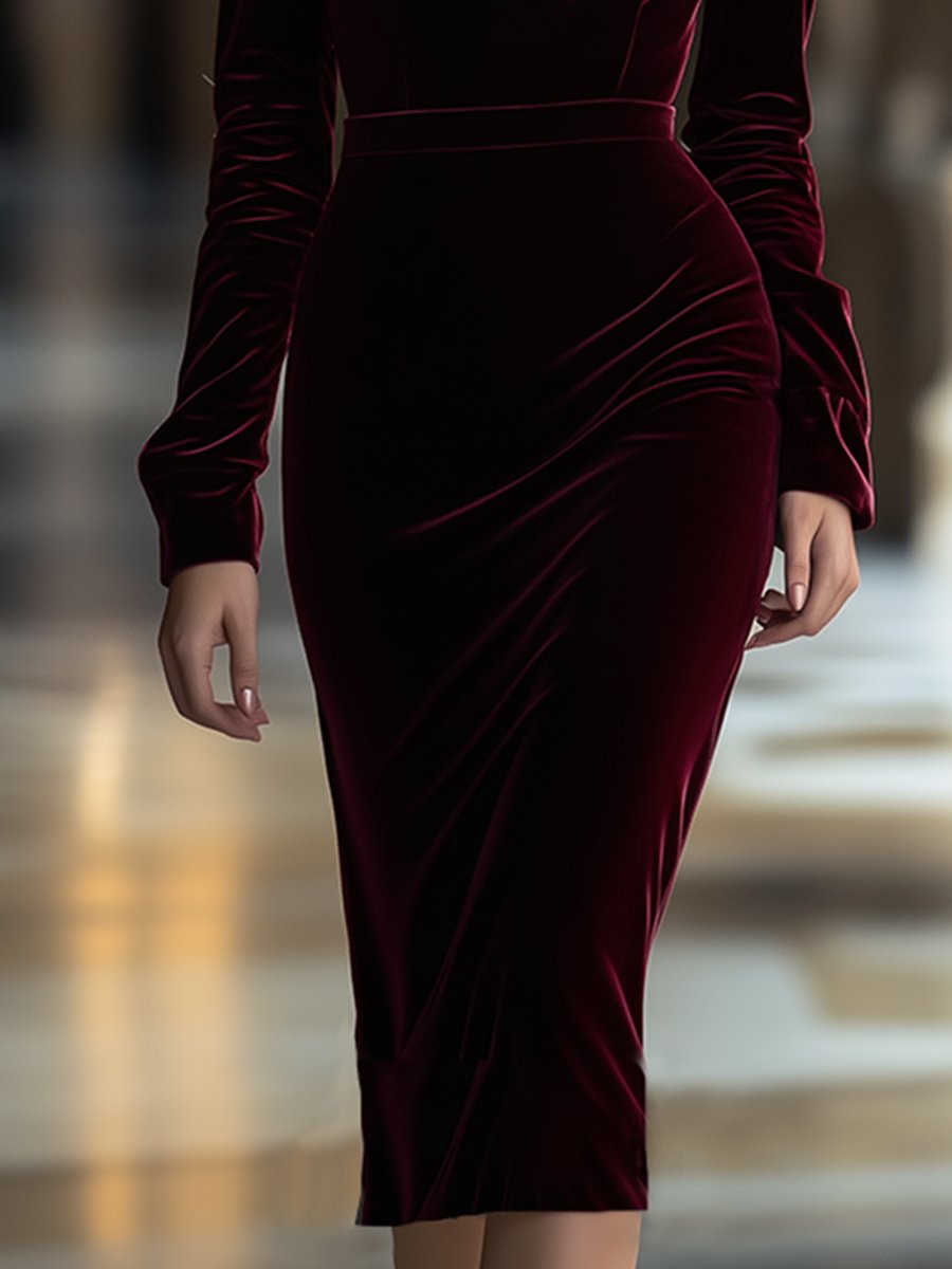 High-End Fashion V-Neck Ruffled Velvet Midi Dress