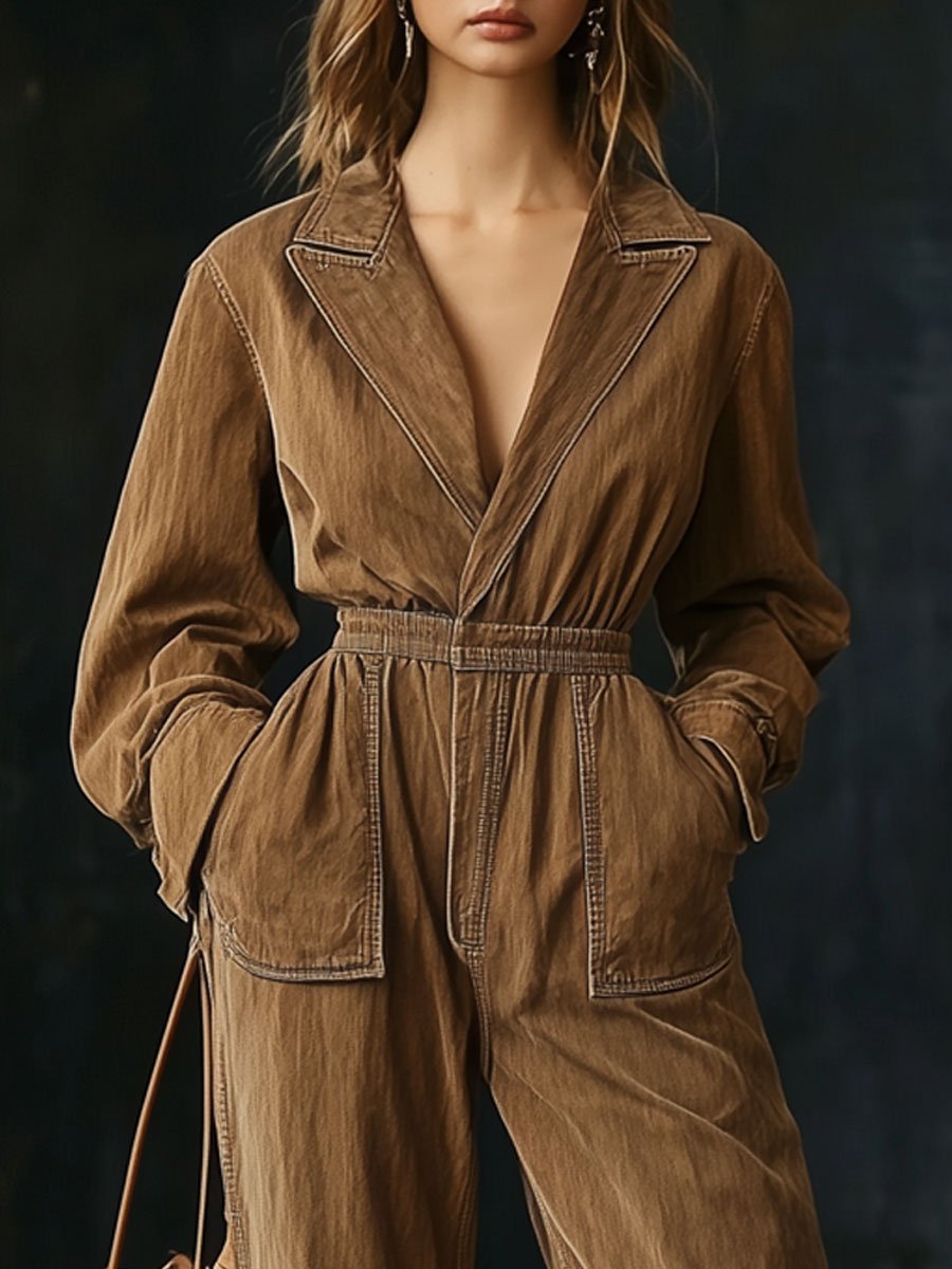 Casual Retro Elastic Waist Long Sleeve Wide Leg Jumpsuit