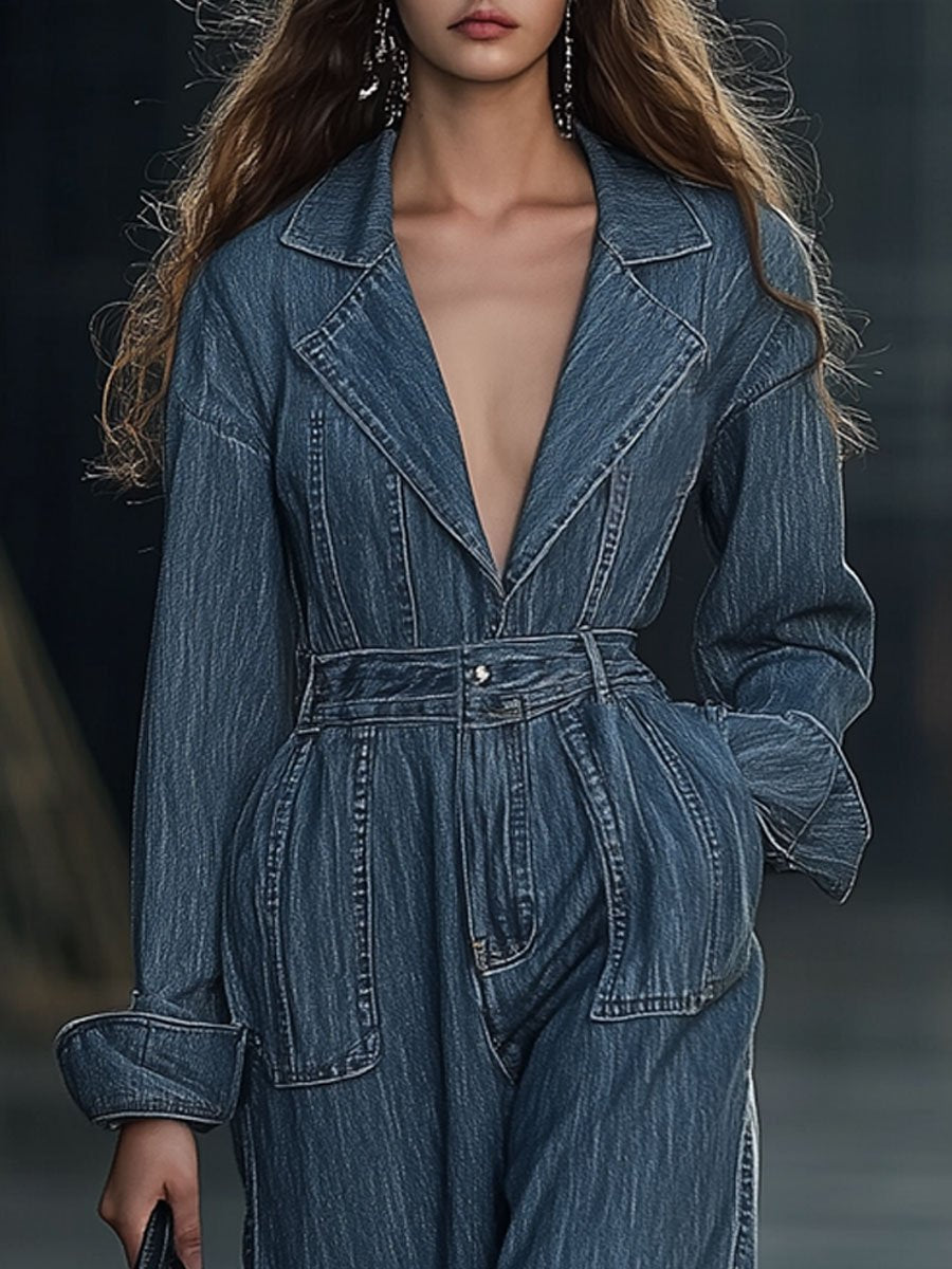 Casual Simple Fashion Pocket Long Sleeve Wide Leg Denim Jumpsuit