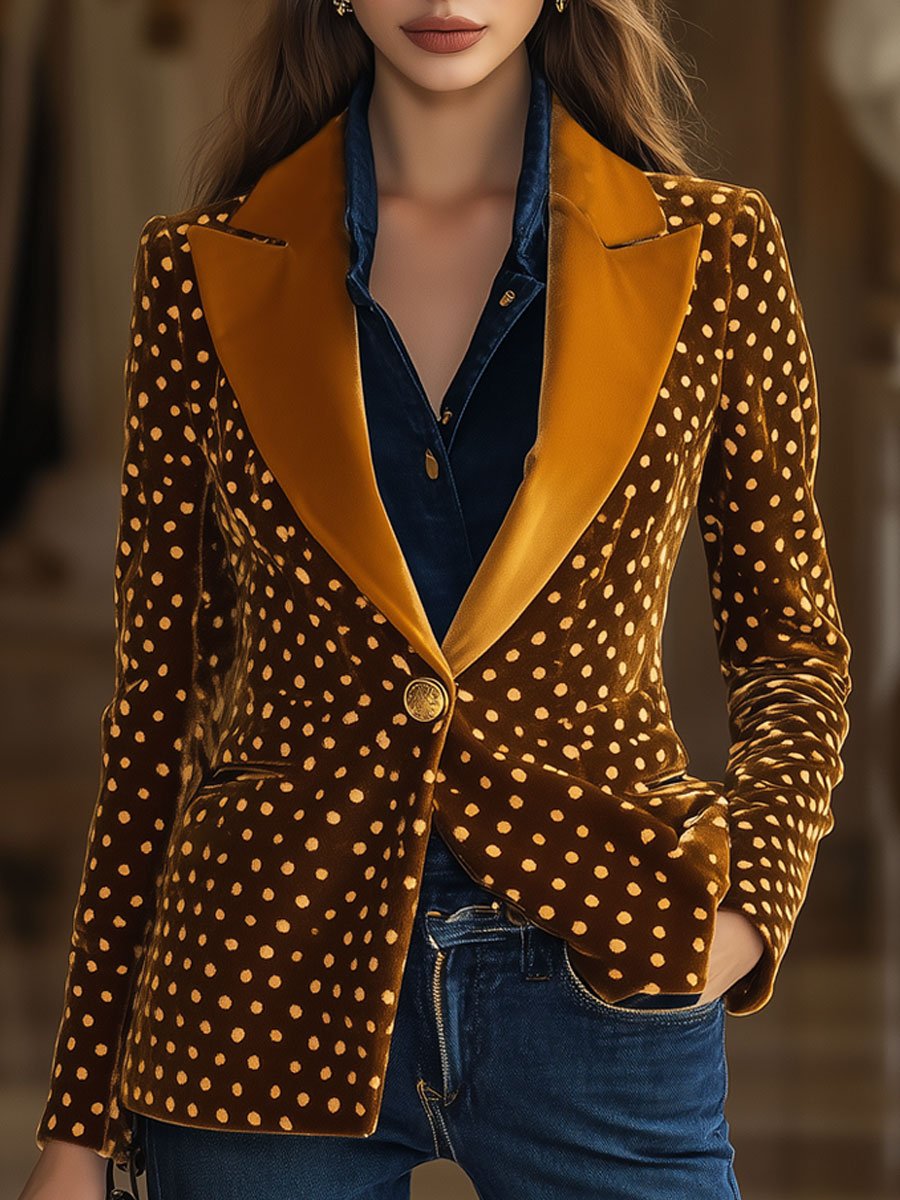 Casual Loose Retro Velvet Polka Dot Colorblock Lapel Blazer