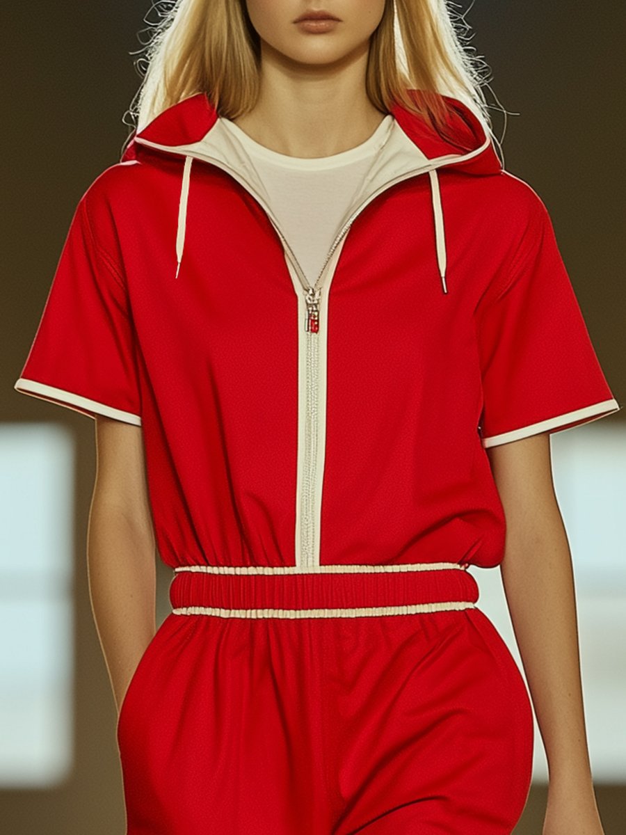 Fashionable and casual sportswear white half-zip red short sleeve hooded jumpsuit