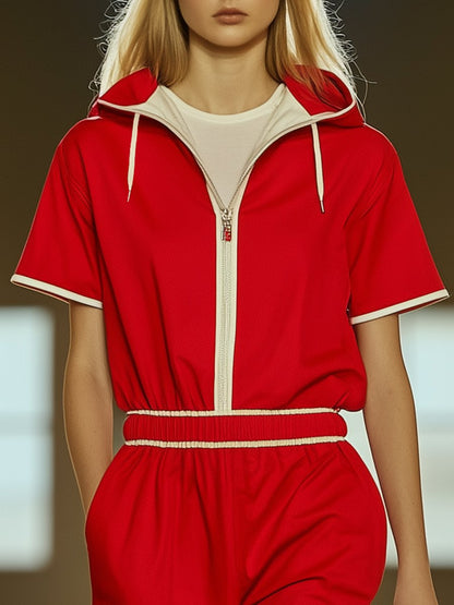 Fashionable and casual sportswear white half-zip red short sleeve hooded jumpsuit